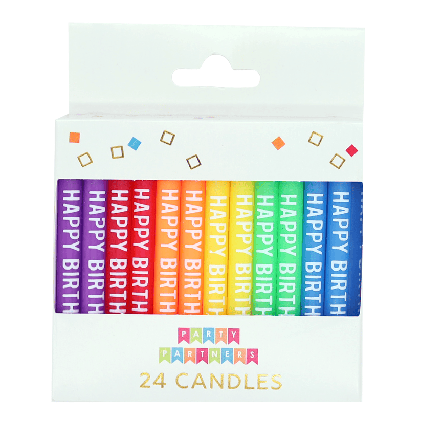 Set of 24 Party Partners Happy Birthday candles arranged on a display, ideal for birthday celebrations.